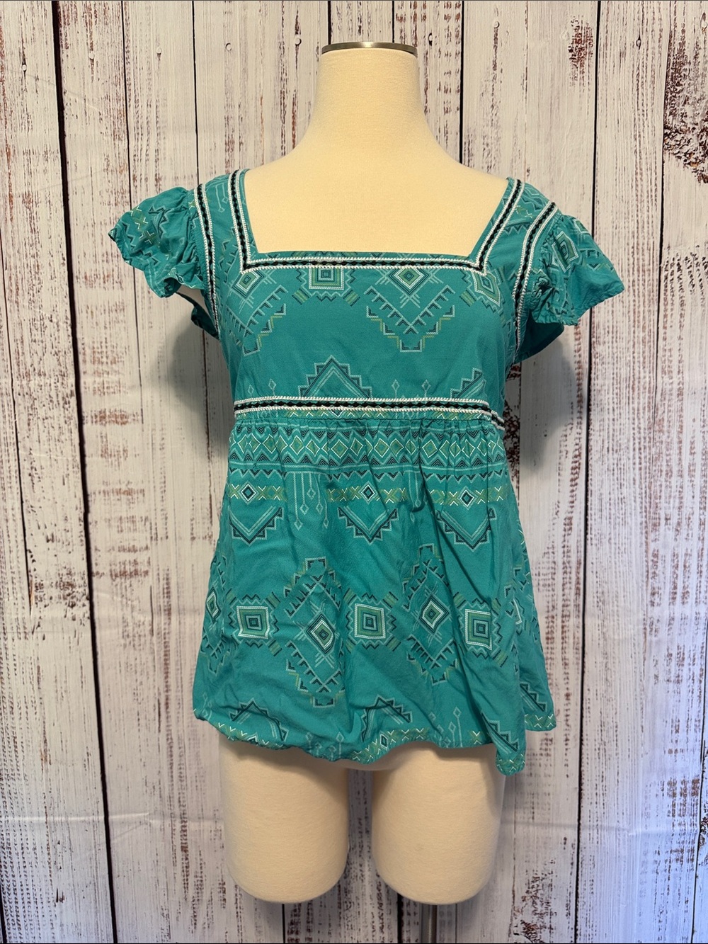 Boho Square-Neck Teal Flutter-Sleeve Tunic
